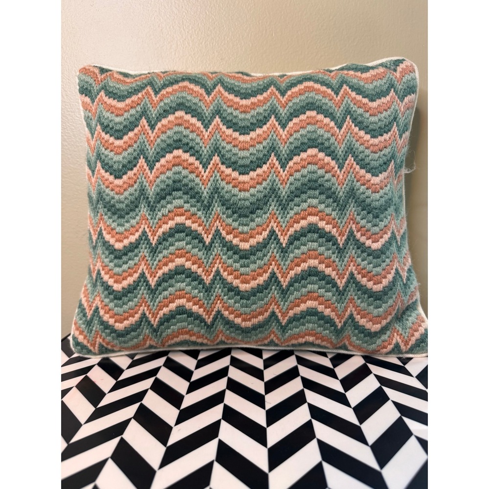 Handmade Bargello Needlepoint Pillow Sage Green Rose Pink Zigzag Flame Stitch
